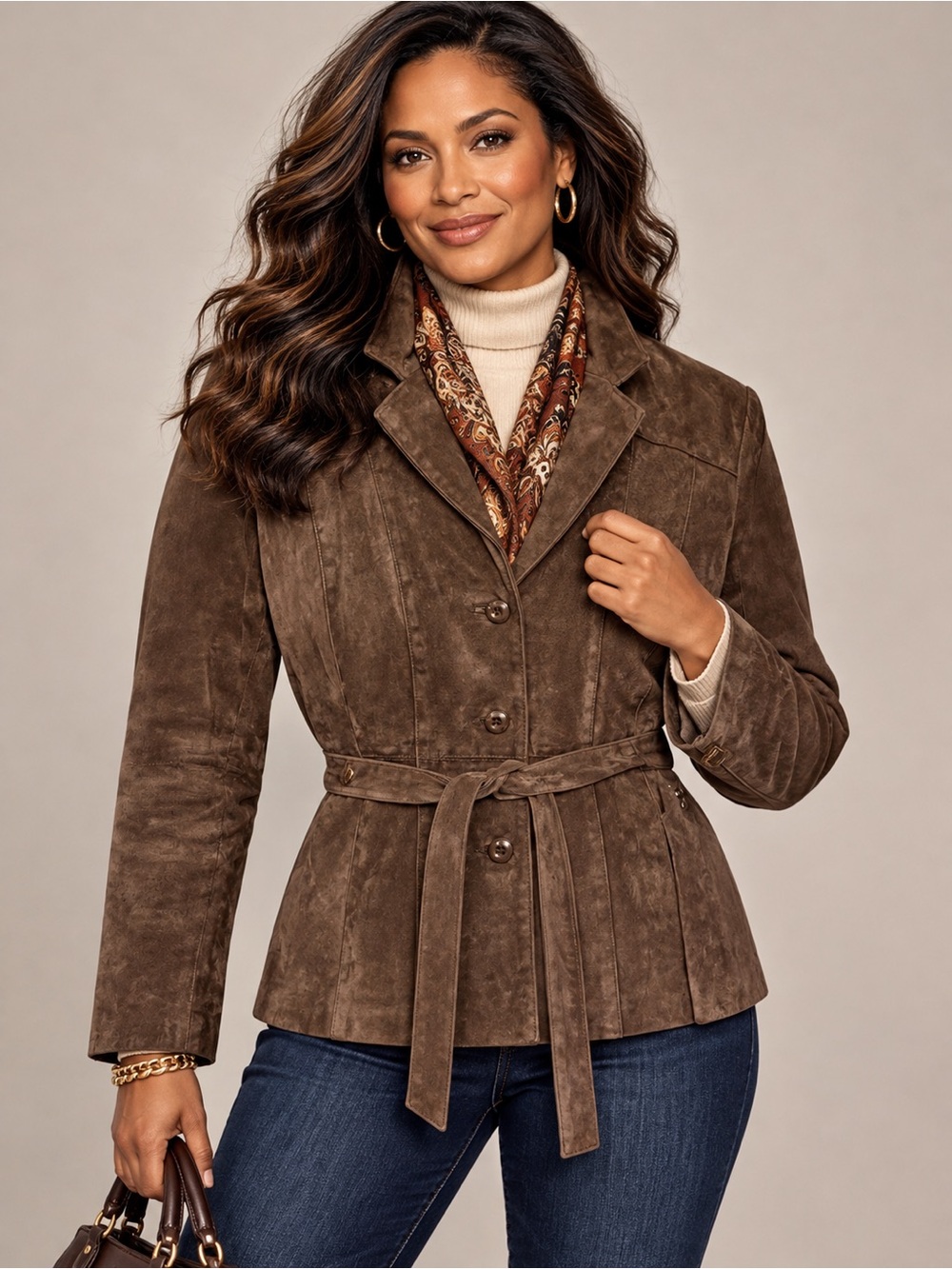 Wilsons Leather Brown Suede Jacket Belted Blazer Style Size L